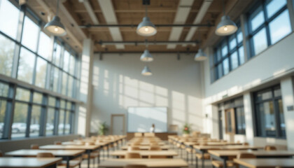 Beautiful blurred background of bright classroom and study room with panoramic windows and beautiful lighting. Blurred Empty school background.