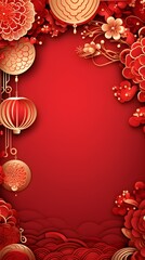 Red and Gold Chinese New Year Background with Lanterns and Flowers