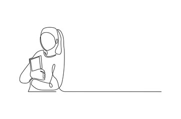 Continuous one line drawing of Little girl holding book. Single line drawing illustration of Girl with book. International Children's Book Day concept vector art. Doodle line illustration.