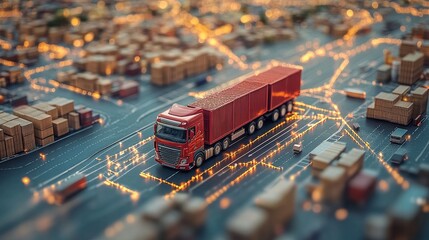 Logistic truck showing supply chain presented on a map Innovative digital logistics enhancing fleet management with trucks