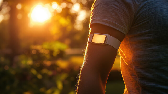 Close up of wearable device continuous glucose monitor on adult upper arm during outdoor jog in warm sunlight