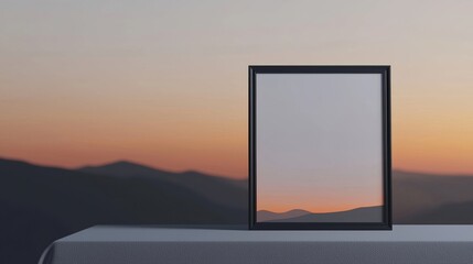 Fototapeta premium A minimalist scene featuring a blank frame on a table, set against a serene gradient sunset with mountain silhouettes in the background.