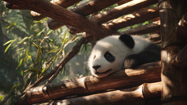 A charming portrait of a panda resting peacefully amongst bamboo, bathed in dappled sunlight, in a serene and natural habitat.