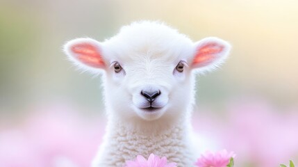 Fototapeta premium Adorable lamb in soft focus, surrounded by pink flowers