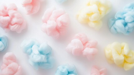 Pastel-colored fluffy clouds arranged on a white background