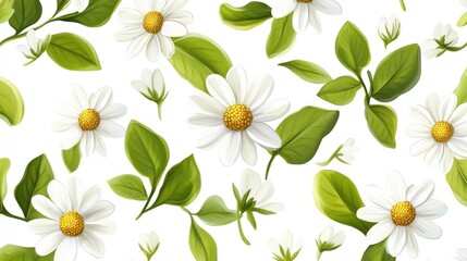 Delicate white daisy flowers and green leaves pattern