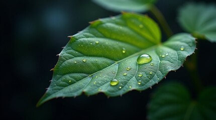A highly magnified, vibrant green leaf, glistening with tiny water droplets, suspended against a dark, muted background that accentuates the leaf's intricate veins and natural tex