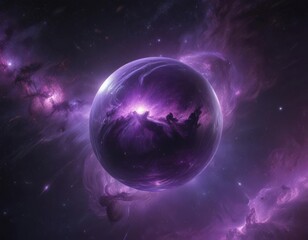 Obraz premium Ethereal orb glows, swirling purple nebulae surround it in deep space , cosmic, vibrant, magic