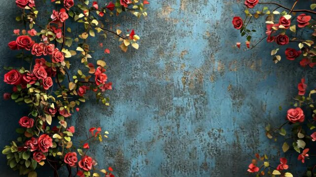 Roses frame textured blue background