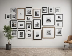 Gallery wall mockup; various sized & styled frames on white wall ,  wall art,  picture frames