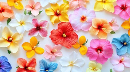 Vibrant colorful hibiscus flowers arranged on a white surface