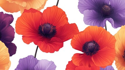 Vibrant floral pattern of various poppies in shades of orange, red, and purple