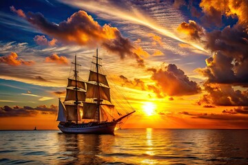 Obraz premium Seascape Barque Bokeh, Artistic Ocean, Golden Hour Sailboat