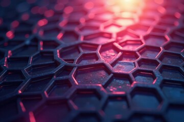 Fototapeta premium Hexagonal metal grid with soft light rays passing through, metal, futuristic, abstract background