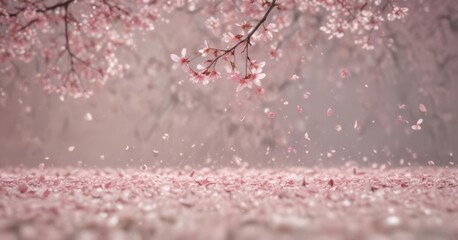 Fototapeta premium Floating sakura petals, blurred spring backdrop, soft pink hues , floral background, spring bloom