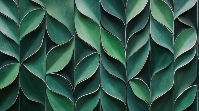 Abstract pattern of overlapping, sculpted leaves in shades of green.  A repeating, textured design evokes a natural, organic feel