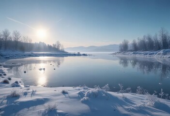 Fototapeta premium Frozen lake, delicate snowflake silhouettes against a frosty blue sky , frigid, nature