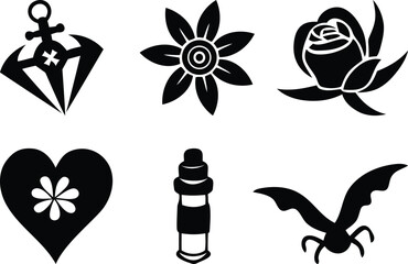 Modern and unique collection of traditional tattoo flash designs silhouette vector illustration, collection of traditional tattoo flash designs line art vector icon design set