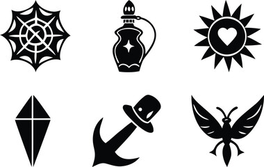 Modern and unique collection of traditional tattoo flash designs silhouette vector illustration, collection of traditional tattoo flash designs line art vector icon design set