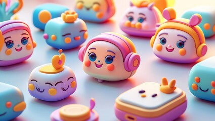 Adorable 3D Rendered Cute Cartoon Characters Playful Designs, Happy Expressions, Pastel Colors