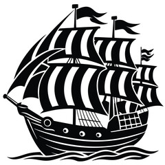 Black and White Illustration of a Three Masted Sailing Ship