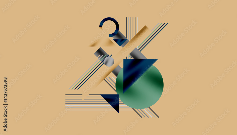 Aufkleber Abstract geometric composition. Shapes overlap, creating dynamic visual interest. Lines, circles, triangles dominate neutral background. Modern design elements present.