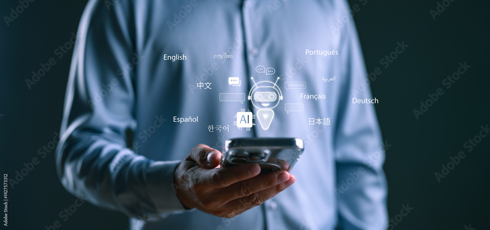 Poster man using ai chatbot on smartphone with multiple language icons, representing language translation, 