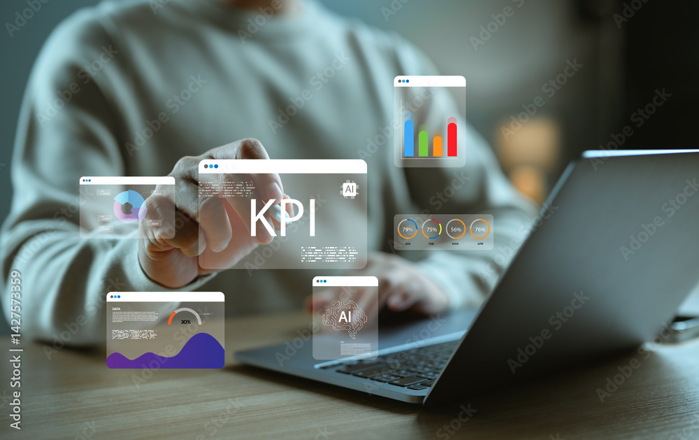 Aufkleber Businessman analyzing KPI dashboard and data analytics using AI technology, showing charts, graphs, and performance indicators for digital strategy, business intelligence, and data visualization.