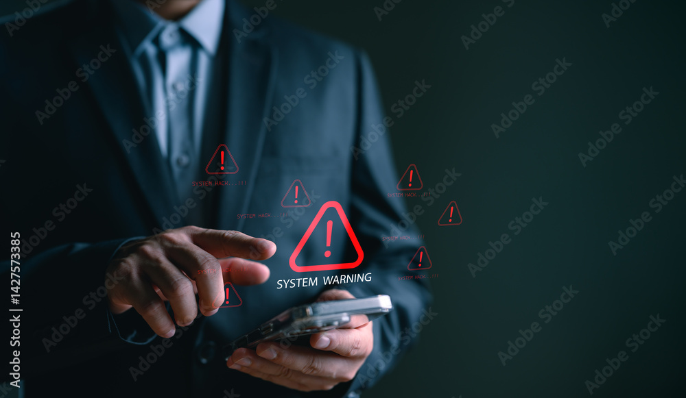 Leinwandbilder System warning alert on smartphone screen, showing hacking threat and cybersecurity risk, representing digital danger, network breach, data protection, and system vulnerability in business.