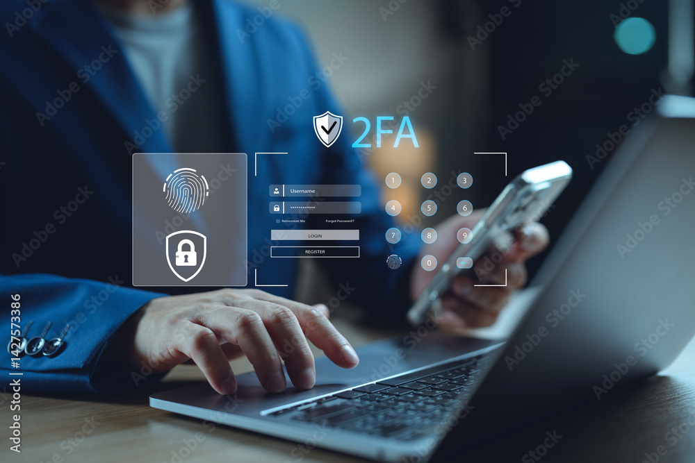 Poster Businessman using laptop and smartphone with 2FA login screen. Cybersecurity concept with fingerprint and password protection for secure system access.