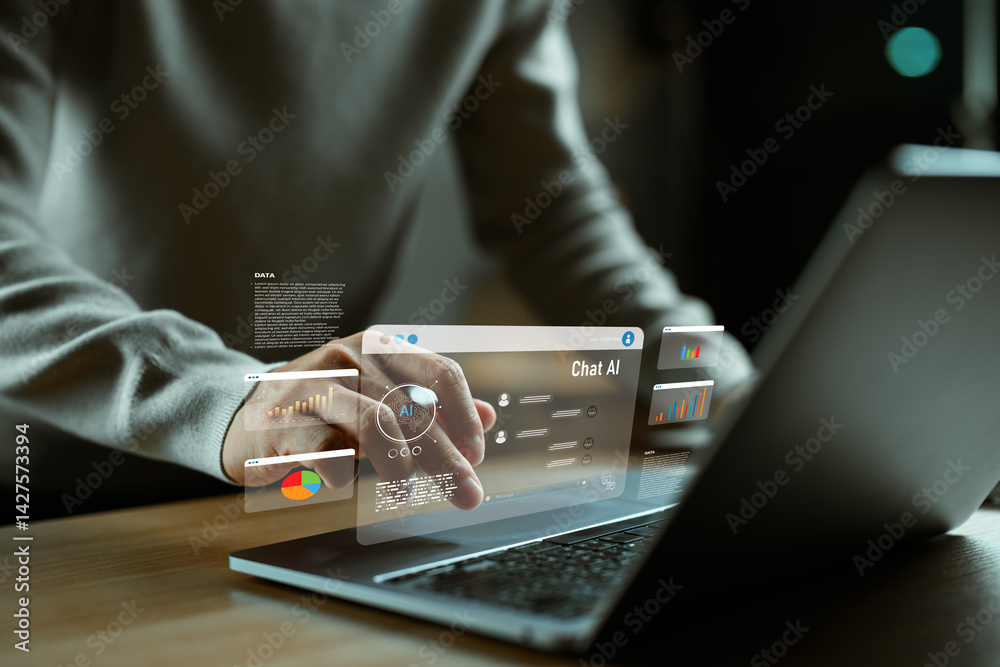 Aufkleber Hand using laptop with virtual chat AI interface and digital dashboard for communication, analytics, data visualization, artificial intelligence assistant, business automation, online conversation.