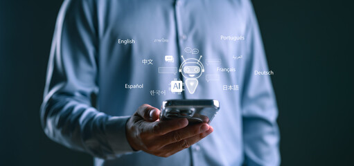 Man using AI chatbot on smartphone with multiple language icons, representing language translation,...