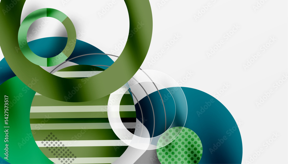 Poster abstract composition featuring overlapping circles, lines, gradients. green, teal hues dominate desi