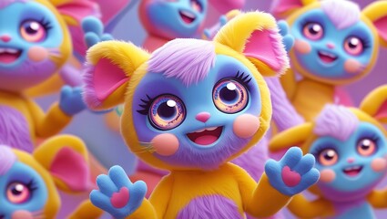 Fototapeta premium Adorable 3D Render of Cute Fluffy Cartoon Creatures Vibrant Colors, Playful Poses, and Charming Expressions