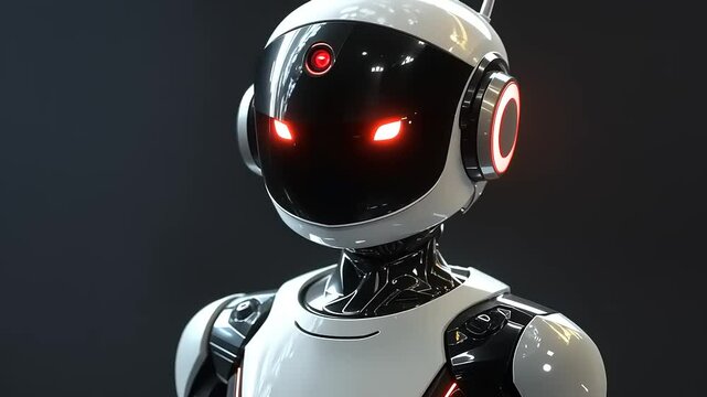 Futuristic humanoid robot with glowing eyes, set against a sleek, dark background, exuding advanced technology