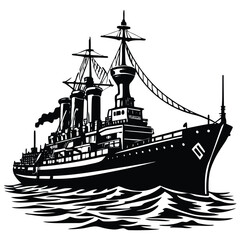 Vintage Black and White Illustration of a Battleship at Sea