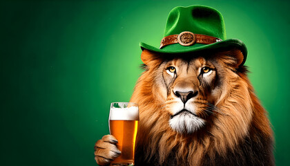 Lion Animated Holding a Beer with Green Gradation Background