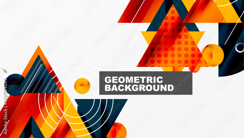 Poster modern geometric background features vibrant triangles, circles, lines. orange, yellow, navy hues cr