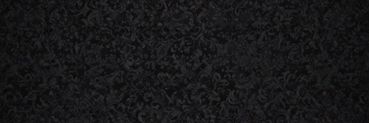 Intricate black gothic damask, swirling vines and leaves , repeating, vine pattern, dark