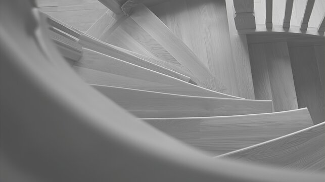 A black and white photograph of a spiral staircase with wooden steps and a central column.