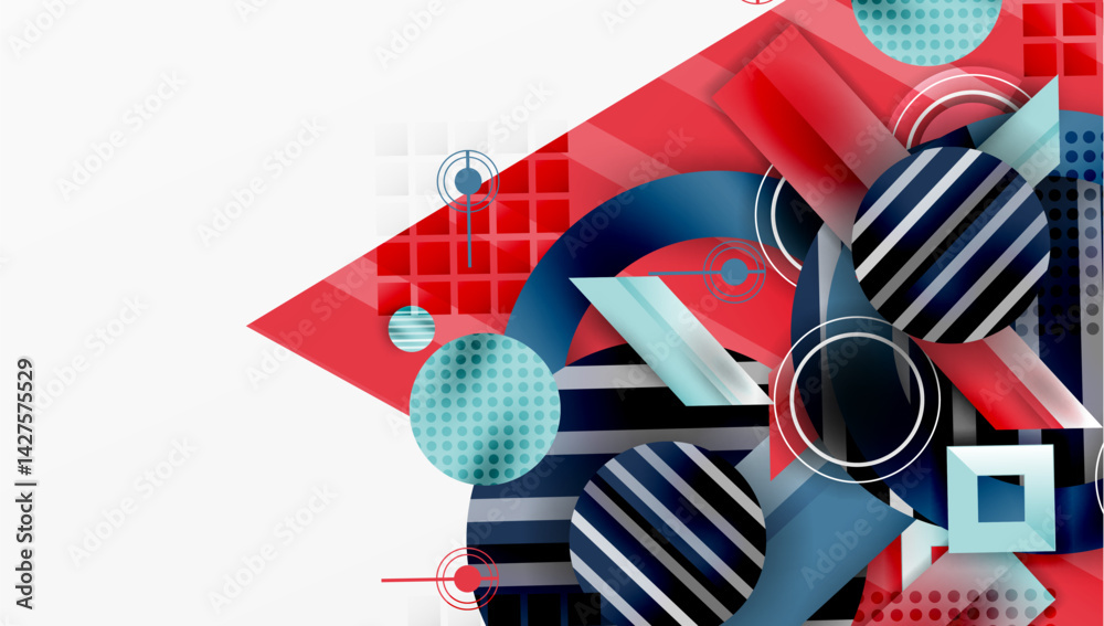 Poster Abstract geometric composition. Red, blue, teal shapes overlap. Circles, squares, lines create dynamic visual texture. Modern design elements present clean aesthetic.