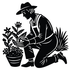 Black and White Illustration of Gardener Kneeling Planting Flowers