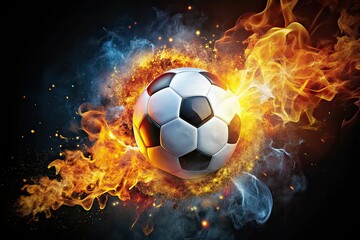 Naklejka premium Soccer Ball Explosion - Fiery Action Photo, Dynamic Soccer, Passionate Energy