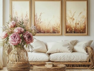 Interior of a living room with a sofa and a basket of flowers