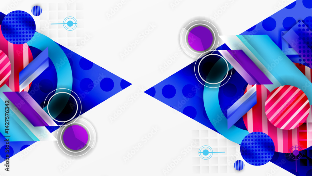 Poster abstract geometric composition. vibrant blue, purple, pink shapes overlap. circles, rectangles creat