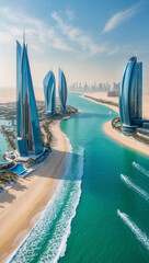 Naklejka premium Stunning modern buildings with a waterway and a beautiful sunny day