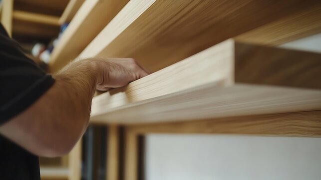 Carpenter Installing Wooden Shelves in a Workshop