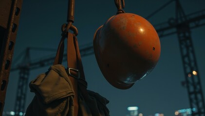 Construction site helmet reflection at night gritty digital illustration