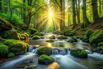 Spring Forest River Flowing Over Rocks - AI Photorealistic Nature