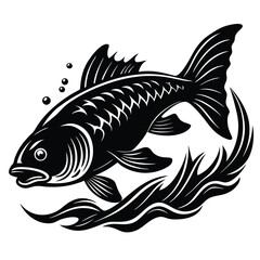 Stylized Black and White Fish Illustration with Waves